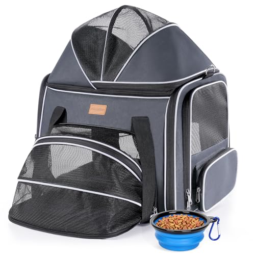 Morpilot Trasportino Gatto Espandibile, Trasportino Cane Cabina Aereo con 2 Lati Espandibili, Pieghevole con Cuscino e Ciotola, Traspirante e Resistente per Gatti e Piccoli Animali fino a 7kg