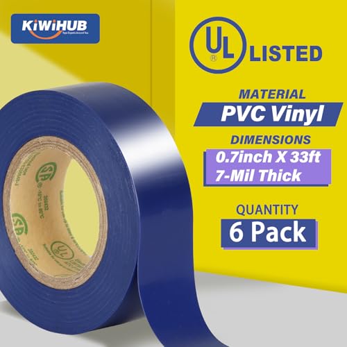Image of Blue Electrical Tape, UL Approved, Industrial Grade Vinyl Electrical Insulating Tape, Electric Tape for Improvement Electrical Equipment, 0.7in X 33ft (6 Pack)