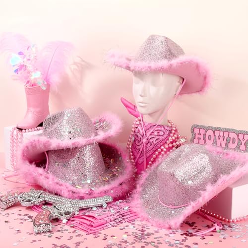Image of Coume 12 Pcs Sparkly Adults Cowboy Hat and Bandanas Women Men Western Glitter Cowgirl Party Hats with Adjustable Drawstring