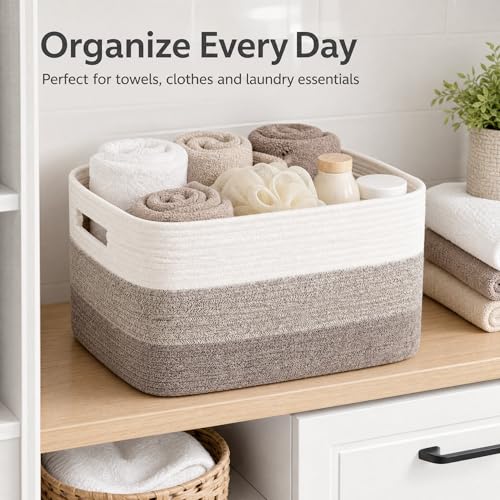 Image of Cotton Rope Laundry Basket Medium, 15.4GAL Collapsible Woven Storage Baskets for Living Room Kids Toys Stuffed Animal Boho Rectangular Decorative Short Hamper for Dirty Clothes Blankets Gradient Brown