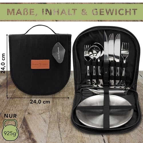 Black Snake Edelstahl Camping Geschirr Set - Teller, Besteck, Grillzange & Steakmesser - Mit Transporttasche - Langlebig - Perfekt für Outdoor & Picknick - 2 Personen - Set
