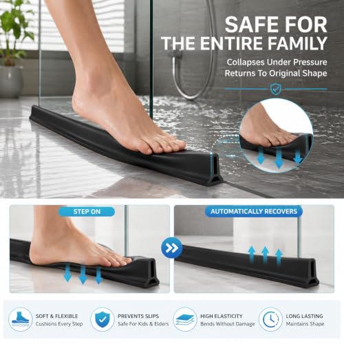 Image of Cosyeasy 1 Meter Collapsible Shower Threshold Water Dam, Self-Adhesive Silicone Water Barrier Strip, Water Stopper for Bathroom Floor, Wet & Dry Separation, Waterproof Shower Threshold, Black