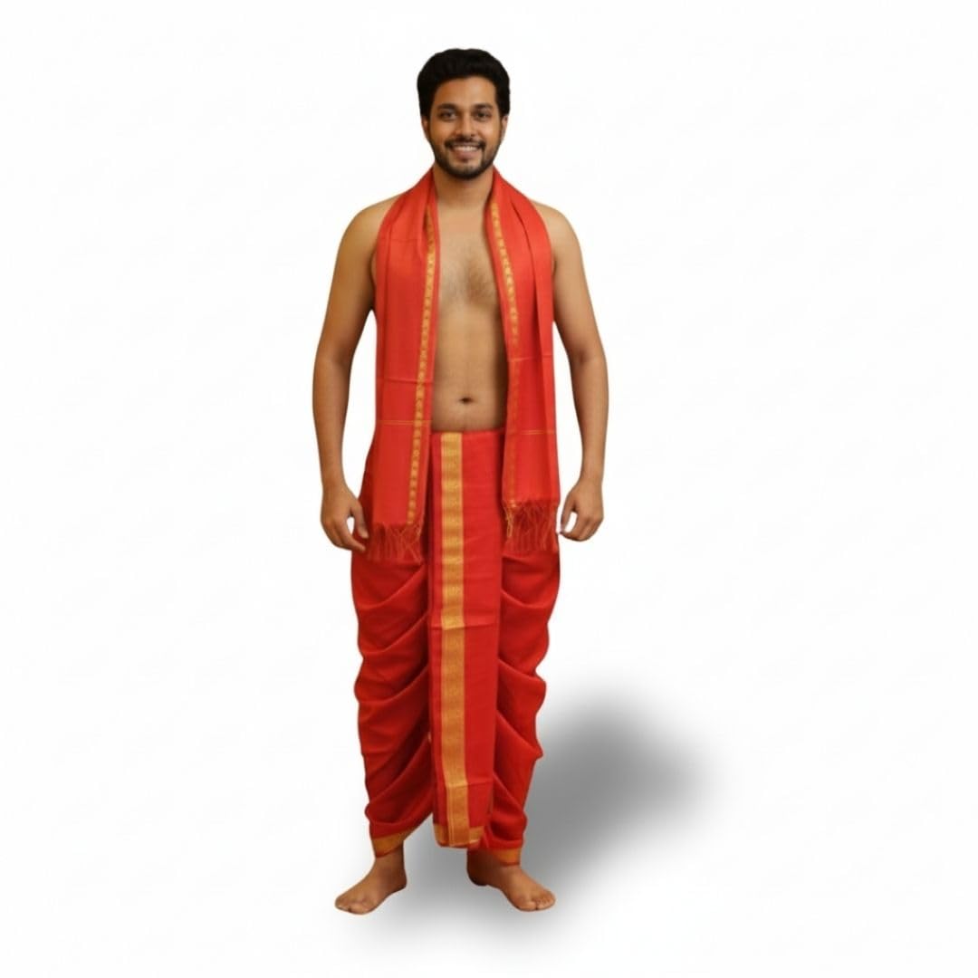 haldi mehendi shaadi Readymade Men’s Cotton Dhoti Pants + Uparna | Stitched Dhoti for Men & Boys | Wedding, Festival, Puja Wear | Veshti Dhotar Mundu with Golden Border, nada-picture-21