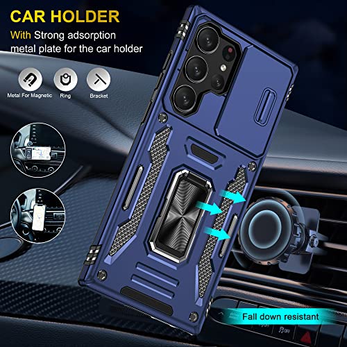 Samsung Galaxy S23 Ultra Case - Shockproof Cases For S23 5G - Anti-Fall Drop Protection - Built-In Slide Anti-Scratch Camera Lens Cover - Integrated 360 Degree Rotating Ring Kickstand,6.8 Inch,Blue #TOP5