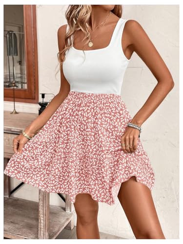 SOLY HUX Summer Dresses for Women Floral Print Square Neck Sleeveless A Line Ruffle Hem Flowy Short Dress3