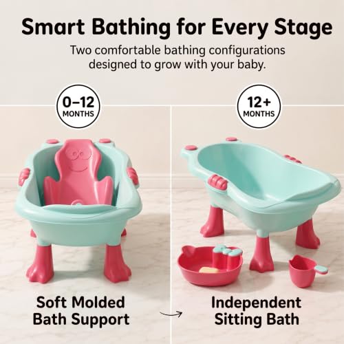 Image of StarAndDaisy Baby Bath Tub for 0 to 5 Years with Bathing Accessories Tray & Mug | Baby Bather for 0 to 2 Years | BPA Free Baby Bath tub for Kids 0-3 Years with 4-Leg Support (Green-Pink, Bathtub with Legs)