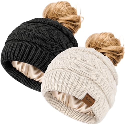 Bebila 2 Pack Ponytail Beanies for Women Smooth Satin Liner Winter Knit Hat with Ponytail Hole for Running Workouts (US Alpha One Size 2 Pack-Black+Oatmeal)