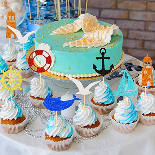 Ercadio 35 Pack Nautical Cupcake Toppers Glitter Anchor Rudder Whale Cupcake Picks Sea Mew Lighthouse Cupcake Decors Ocean Sailing Theme Baby Shower Birthday Party Cake Decorations Supplies #TOP6
