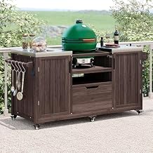 LUMISOL Outdoor Grill Cart with Stainless Steel Top, Solid Wood Kitchen Island for Big Green Egg Grills, 66.5" Rolling Kitchen Table with Internal Storage Rack, Spice & Towel Rack, Dark Brown