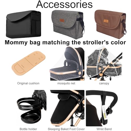 Reenborn Kinderwagen 3 in 1, Buggy mit Zwei Umkehrbaren Schiebemodi, Kinderwagen mit Rahmen Aluminiumlegierung, Babywagen 3 in 1 Komplettset mit Ein-Klick-Faltdesign Hohe Landschaft (588 Black Gold)