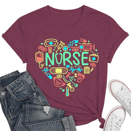 Nurse Shirts for Women Cute Nurses Life Tshirt Ladies Heart Nurse Short Sleeve Tee Tops