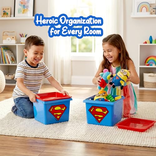Image of Nayasa Stack N Store Superman, Small, 5 ltrs | DC Superhero Print Plastic Storage Boxes Set of 3 with Lid | Side Handles | Stackable Multipurpose Organizers | Strong & Durable | Blue