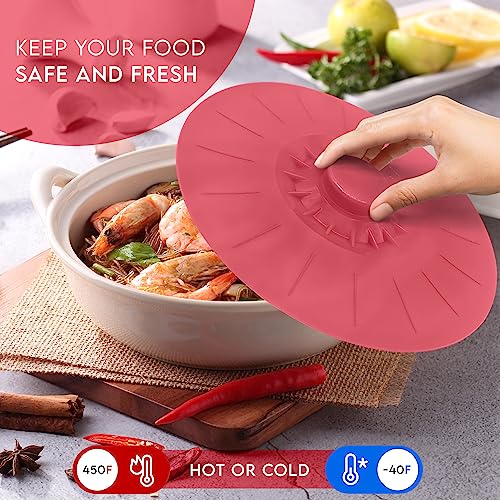 Silicone Bowl Lids Red, Set Of 5 Reusable Suction Seal Covers For Bowls, Pots, Cups. Food Safe Natural Grip, Interlocking Handles For Easy Use And Storage. #TOP1