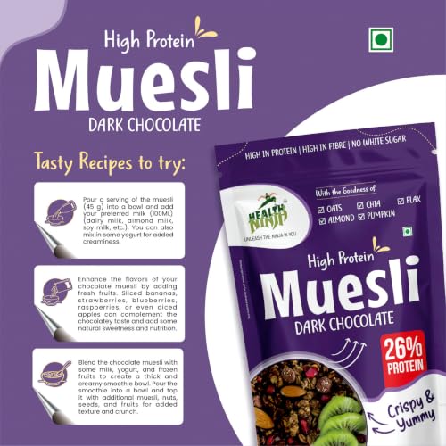 Image of Health Ninja Dark Chocolate Muesli, 900 gms | High Protein Breakfast Cereal | Oats, Almonds, Chia, Flax & Pumpkin Seeds