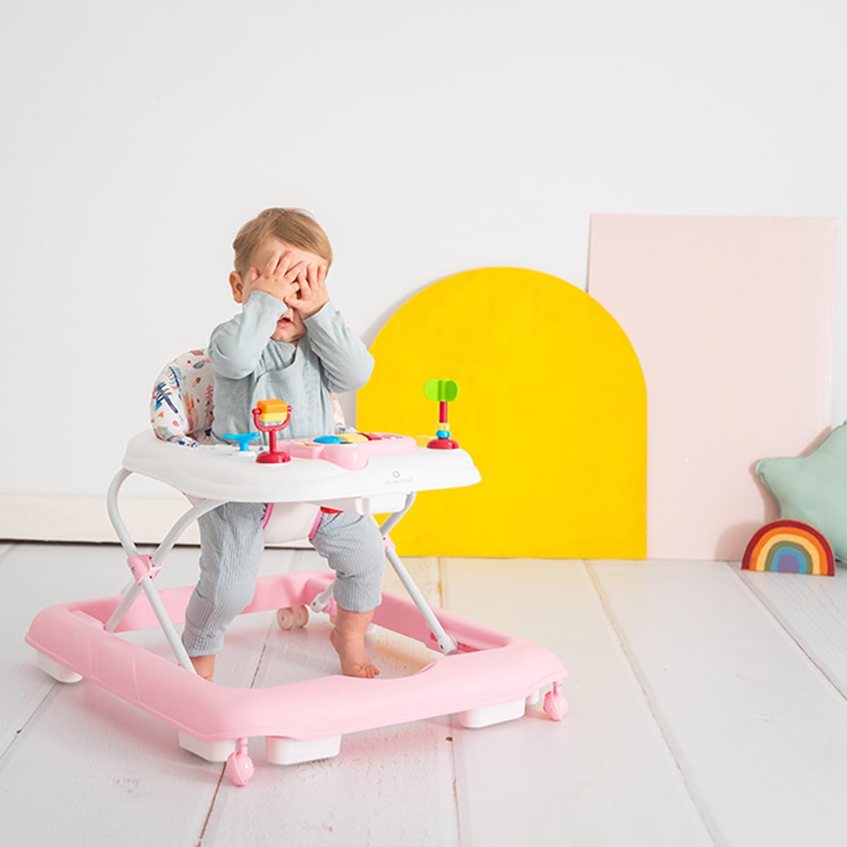 Olmitos - Andador bebe con Bandeja de Actividades – Primeros pasos Estimulación Sensorial y Desarrollo Motriz - centro de actividades plegable y regulable – Seguro con Sistema Stopper (Pink Stars)