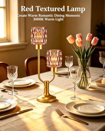 Image of Lightdot Mid Century Modern Table LampVintage Lamp Red Glass Gift Dimmable | Nightstand Lamp Gold Desk Lamp 2 Bulbs Included Warmwhite Ambient Bedside Lamps for Living Room Bedroom Girls Room Home Decor