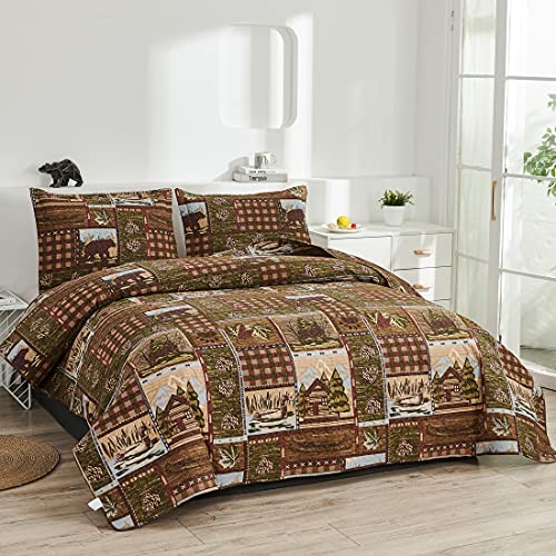 Cabin Bedding Quilt Twin Size Lodge Patchwork Quilt Set Rustic Bedspread Forest Huts Bear Duck Pine Cone Coverlet Summer Lightweight Plaid Bed Cover Pillow Shams #TOP1