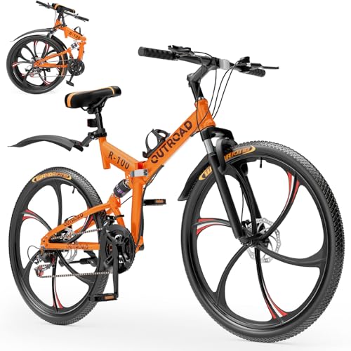 Max4out 26 Inch Folding Mountain Bike, 21 Speed Full Suspension Bicycle with High-Carbon Steel, Dual...