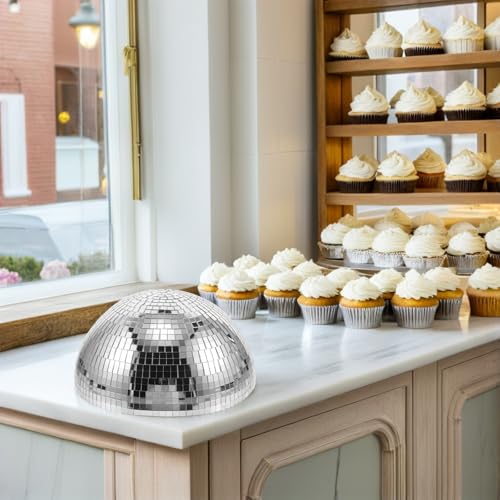 Bola espejada semiesférica plateada de 25 cm para decoración de bodas y fiestas, material vidrio y espuma, estilo retro, centro de mesa con instalación fácil miniatura 7