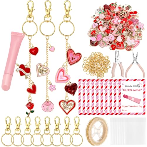 Tondiamo 300 Pcs Valentines Lip Gloss Keychain Making Kit 100 Pink Enamel Charms 32.81 ft Gold Chains 24 Greeting Cards for Galentines Valentine Gifts DIY Crafts Party Favor