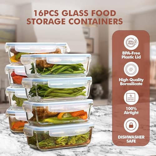 Image of Razab 16 Pc (Set of 8) 30 Oz Glass Meal Prep Containers with Lids, Airtight Large Glass Food Storage Containers, Reusable Leak Proof BPA Free, Freezer to Oven and Dishwasher Safe