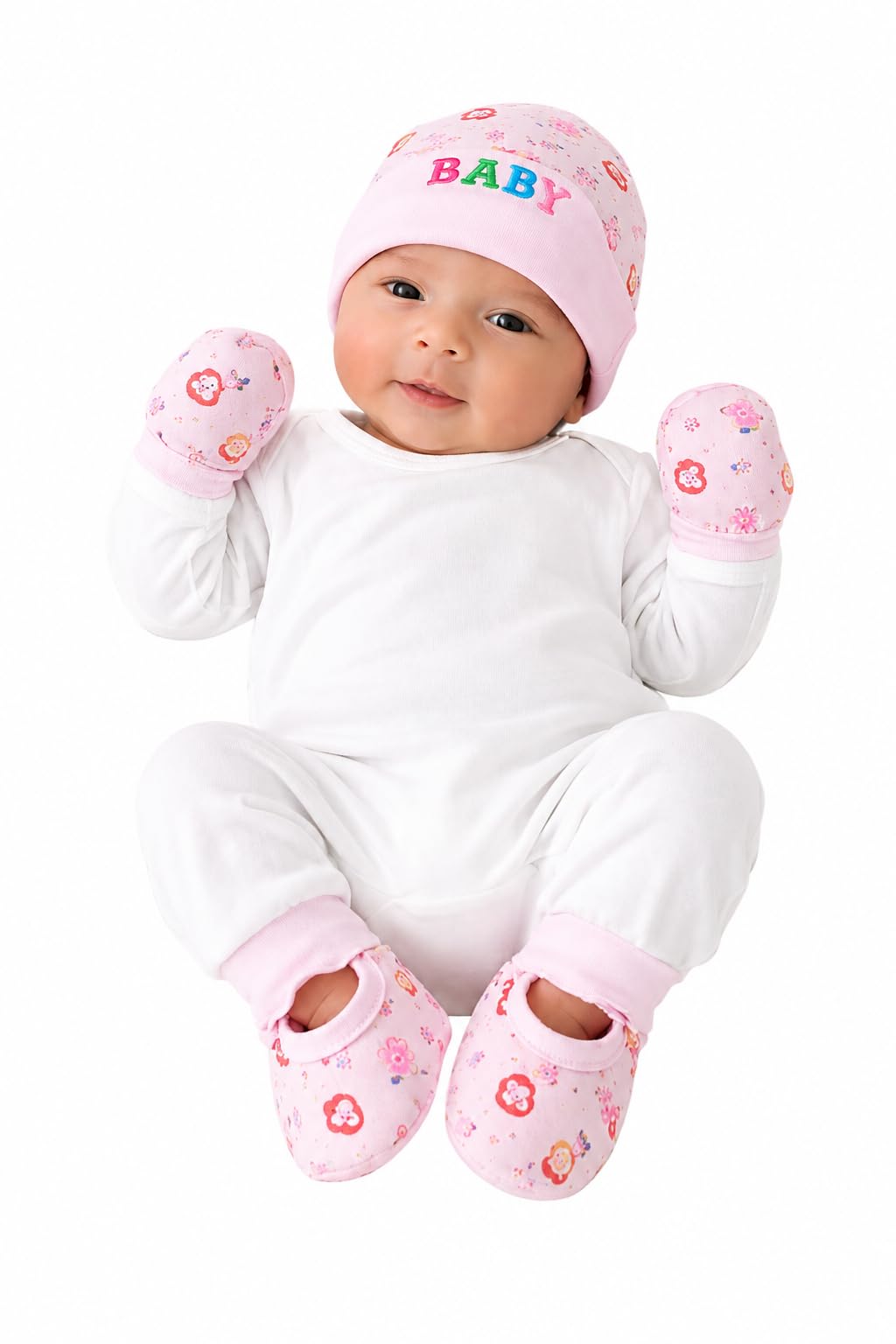 Newborn Baby Cap, Mitten and Bootie Set, Soft Cotton, Pink, Blue and Cream, Cartoon Print, 3 Pack-image-33
