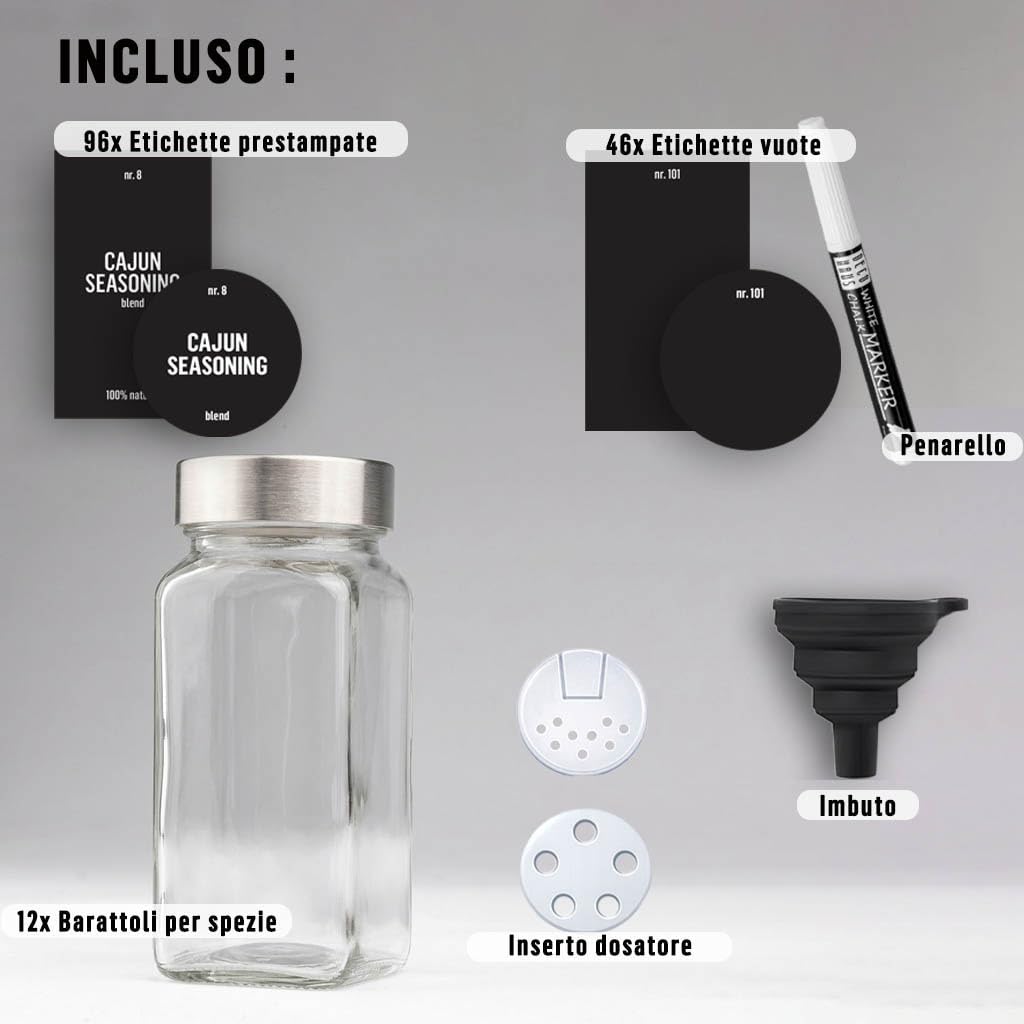 Deco haus® Set da 12 Contenitori per Spezie con Tappo a Vite - Kit per Condimenti con Etichette, Imbuto, Spazzola, Pennarello - Barattoli Portaspezie Piccoli in Vetro Trasparente da 120ml, 10,5x4,3 cm