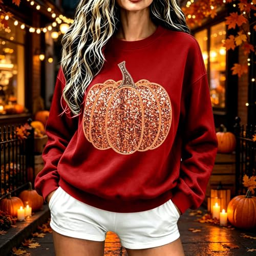 Pumpkin Sweatshirt Women Sequin Oversized Crewneck Halloween Sweatshirts - image 2