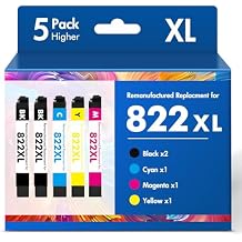 Remanufactured Replacement for 822XL WF-3820 Printer Ink Cartridges Combo Pack for Epson Workforce Pro WF-4830 WF-4833 WF-4820 WF-4834 WF-3823 5 Pack, 2Black Cyan Magenta Yellow