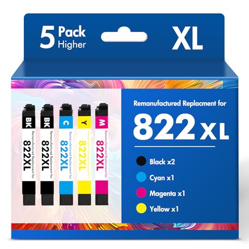 822XL 822 WF-3820 Printer Ink Cartridges Remanufactured Replacement for Epson 822XL Ink Cartridges Combo Pack for Epson 822 XL for Workforce Pro WF-4830 WF-4833 WF-4820 WF-4834 WF-3823 (5 Pack)