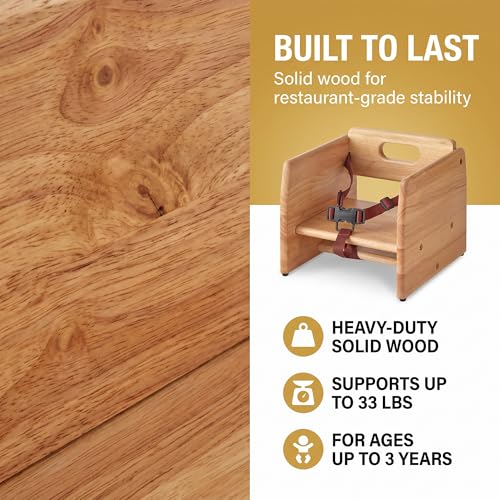 Image of Natural Wooden Dining Seat Riser for Restaurant Chairs - Stackable Rubberwood Seat Platform with Chair Strap & Non-Slip Pads, Commercial Restaurant Seating Accessory