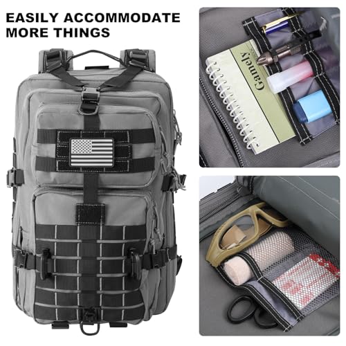 Image of Hannibal Tactical MOLLE Assault Backpack, Tactical Backpack Military Army Camping Rucksack, 3-Day Pack Trip w /USA Flag Patch, D-Rings Grey and Black