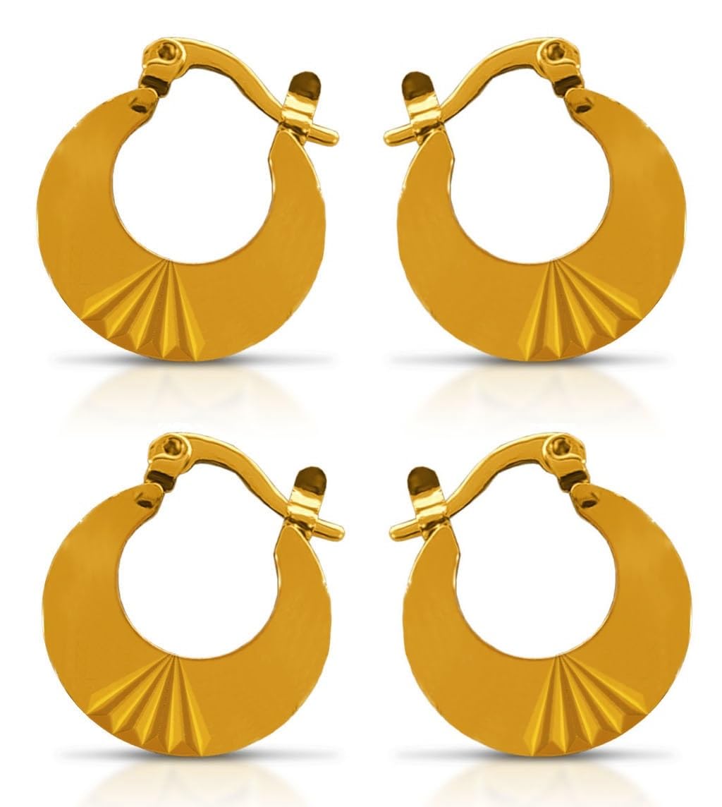 bigwheels (2 Pair) Golden Color JAE0075-02 Trending Round Shaped Clip On Metal Punk Barbell Press Screw Pierced Nattiyan Earring Linning Cutting Design Hip Hop Stud Chand BaliHoop For Men's & Boy's-picture-6