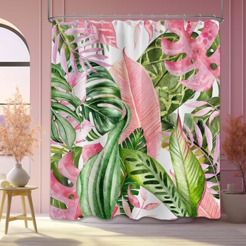 Pdvbiee Pink and Green Tropical Palm Leaf Shower Curtain 70 X 72 Inch