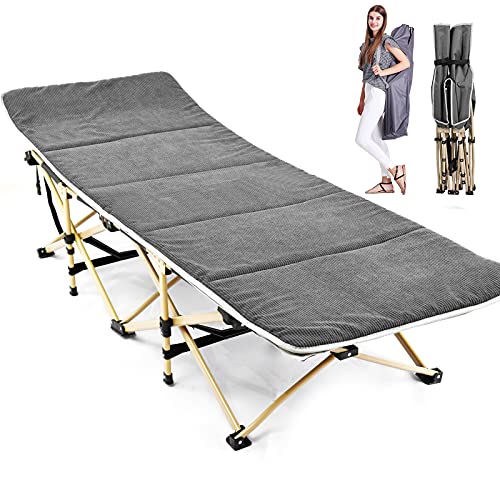 H&ZT Updated Folding Camping Cots for Adults, 6.25 Length Heavy Duty Sleeping Cots Suits People Weighting 600 Pounds, Including a Carrying Bag (28 x14 (W x H)- Widen, Gray with Corduroy mat