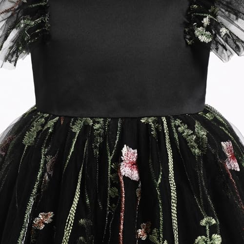 Floral Embroidered Dress for Girls Ruffle Sleeve Formal Birthday Wedding Pageant Party Tulle Dresses Black 4-5 Years3