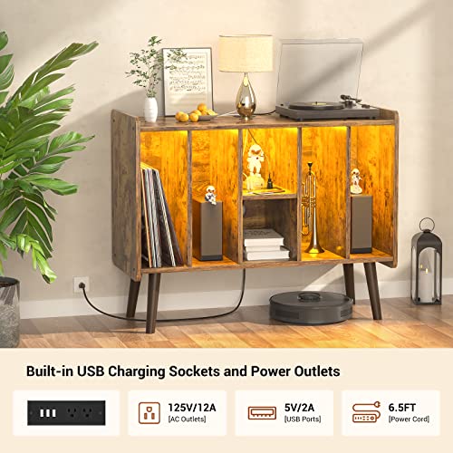 Unikito Large Record Player Stand With Vinyl Storage And Led Light, Vinyl Record Storage Cabinet With Power Outlet, Record Player Table, Turntable Stand With Wood Legs For Living Room, Bedroom, Office #TOP2