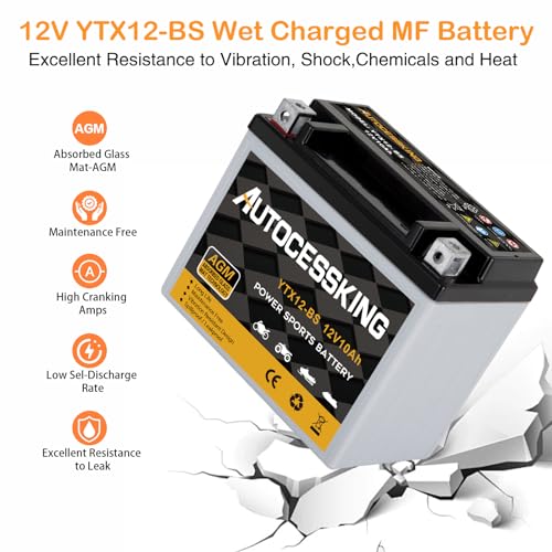 Image of YTX12-BS Motorcycle Battery, 12V 10Ah Rechargeable Maintenance Free Sealed AGM Battery Powersport Replacement Battery for ATV and Scooter