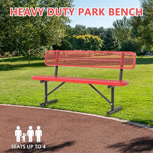 Image of 6ft Metal Park Bench with Backrest, Heavy-Duty Steel Outdoor Bench Weatherproof Playground Bench Seats, Commercial Garden Benches Red Dock Benches for Lawn, Park, Deck,Patio, Porch, Easy Installation