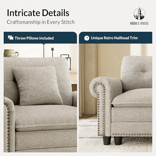 Image of HERA'S HOUSE Modular Sectional Sofa and Chair Set for Living Room 3-Piece | Mid-Century Modern 5-Seater Cloud Sofa Set, Light Grey, Rolled Arms & Nailhead Trim, Wider Seats, Soft Linen Furniture Set