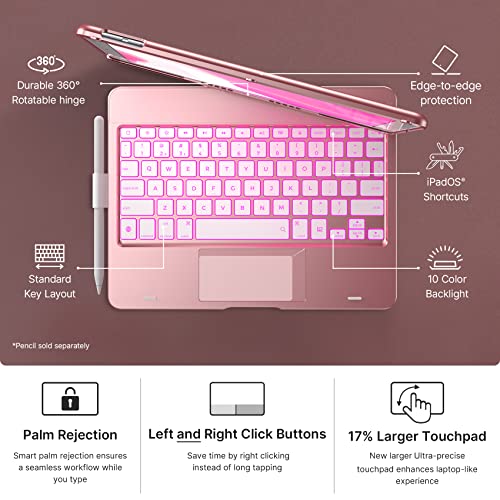 Image of typecase Touch Case with Keyboard for iPad 9th Generation (10.2 inch, 2021), Multi-Touch Trackpad, 10 Color Backlight, 360, Thin & Light - iPad 8th Gen (2020), 7th Gen (2019), Air 3, Pro 10.5 (Rose Gold)