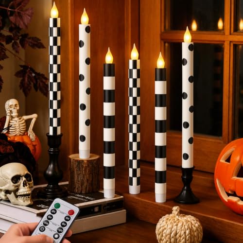 LCZLUMIPRO 6Pcs Halloween Flameless Taper Candles Remote Black and White Candles Checked Polka Dot Striped Battery Candlesticks Flickering Plastic Candles for Table Window Fall Decor