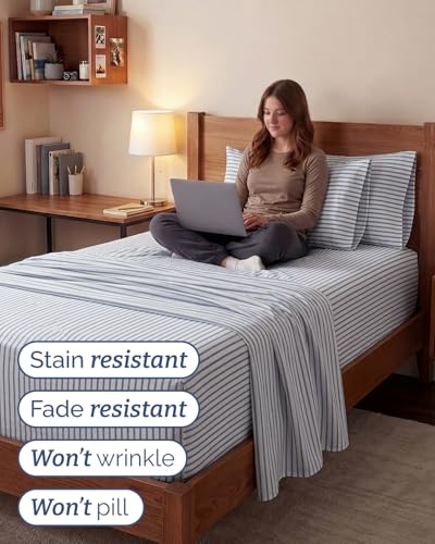 Image of Extra Deep Twin XL Sheet Set - 4 Piece Breathable & Cooling - Blue Stripes | Hotel Luxury Bed Sheets Set, Easy & Secure Fit, Ultra-Soft, Wrinkle & Fade Free, Comfy Sheets Set with Extra Deep Pockets