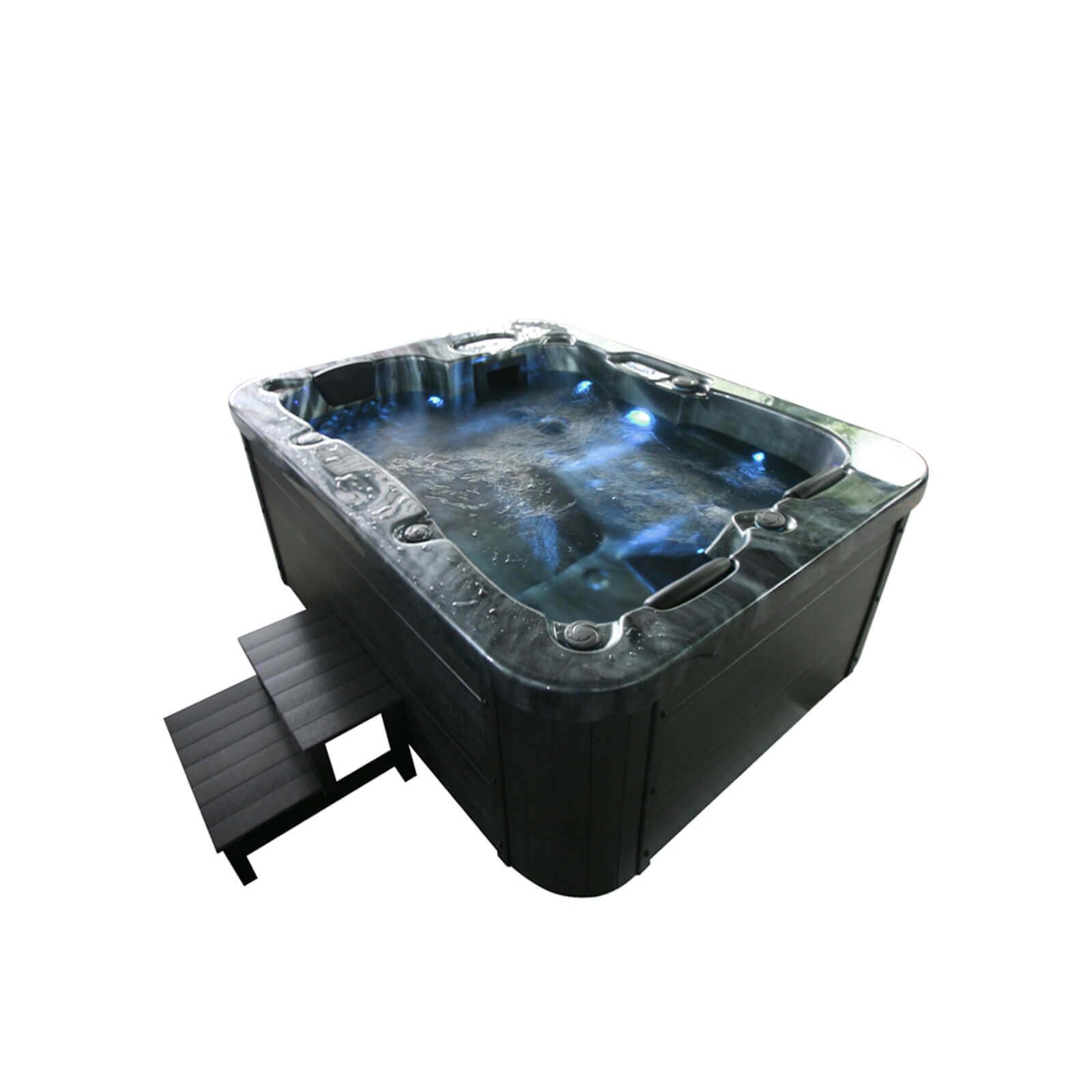 Home Deluxe - Bañera de hidromasaje Exterior - Peldaños y Cubierta térmica de MÁRMOL Negro Plus - Dimensiones 210 x 160 x 85 cm - Incluye calefacción, 27 Jets de Masaje y 9 Fuentes de luz I Bañera de