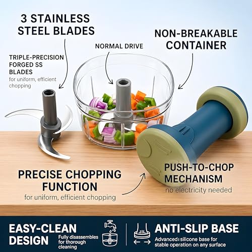 Image of iKAN Manual Hand Press Push Chopper with 3 Blades for Effortless Chopping Vegetables & Fruits (Assorted, 700 ml, Plastic)