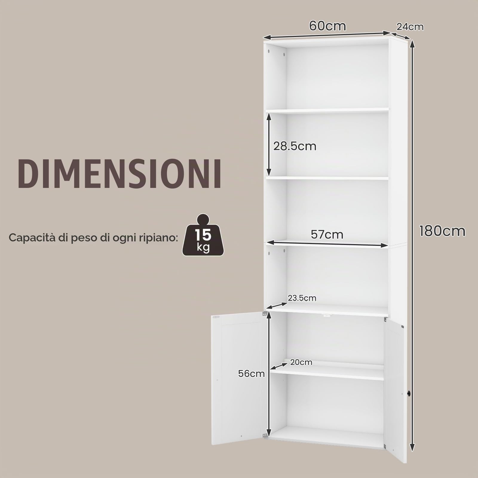 KOMFOTTEU Libreria Scaffale in Legno con Armadio a Ante e 6 Ripiani Aperti
