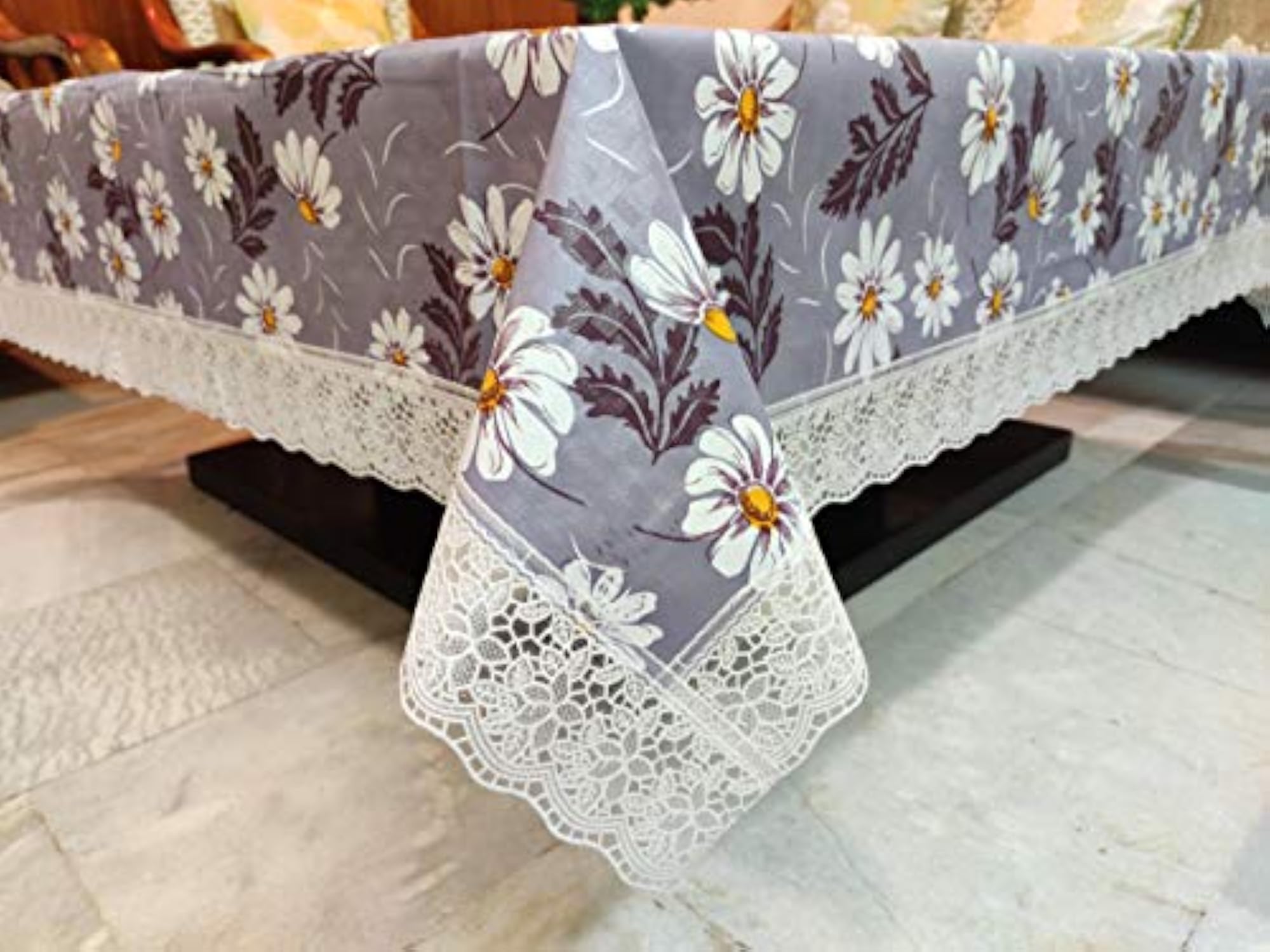 Blue Flower Design PVC Printed Centre Table Cover, 40x60 Inches