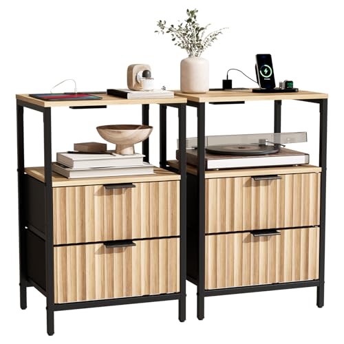Image of Bonnlo Fluted Nightstand Set of 2, Fabric Dresser with 2 Drawers and 1 Shelf, Bedside Table /End Table with Charging Station, Nightstand for Bedroom, Livingroom, College Dorm, Oak