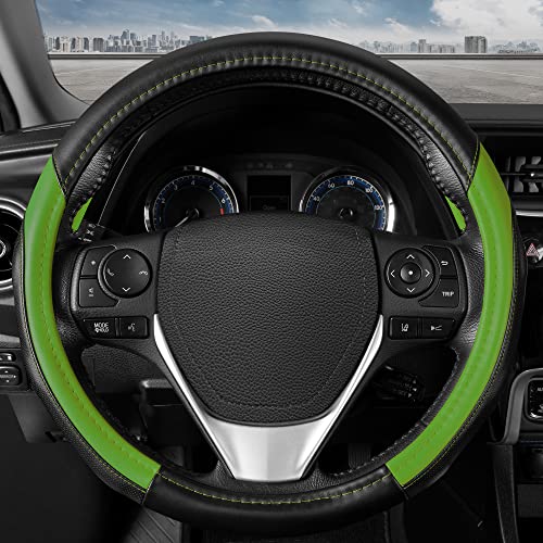 Image of Motor Trend SportDrive Faux Leather Steering Wheel Cover, Standard 15 inch Size, Two-Tone Black & Green, Car Steering Wheel Cover for Truck Van SUV Auto