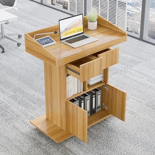 MOFGOE Floor Standing Podiums, Wooden Lectern podiums Stand with 3-Tier Storage, Portable Pulpit with Wheels, Ideal for Church, School, Office and Conference, 44.3" H,Natural Wood
